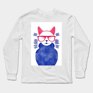 Pink Blue Hipster Cat Retro Poster Vintage Art Cat Wall Blue Pink Illustration Long Sleeve T-Shirt